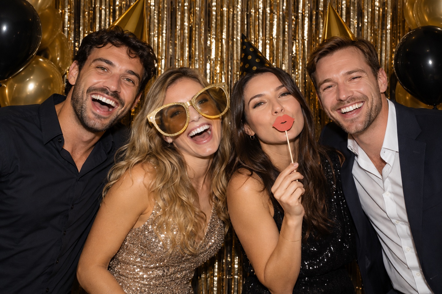 Prijatelji z rekviziti pred zlatim ozadjem v photoboothu